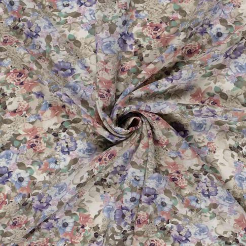 Tissu Polyester aspect Lin Fleuris Cécilya sur fond Beige