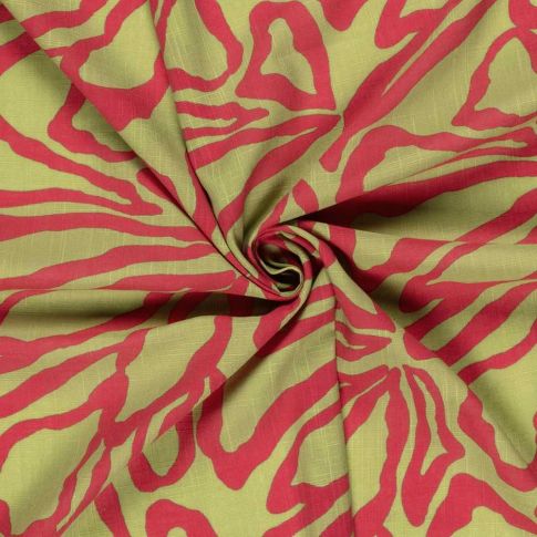 Tissu Coton Viscose aspect Lin Big Flowers rose fuschia sur fond Vert anis