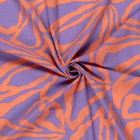 Tissu Coton Viscose aspect Lin Big Flowers orange sur fond Lilas