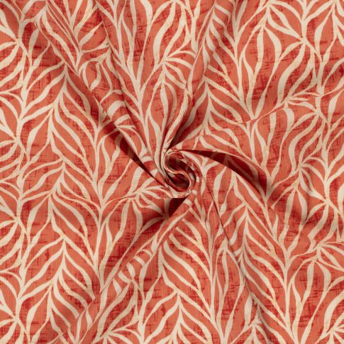 Tissu Coton Viscose aspect Lin Feuillage écru sur fond Corail