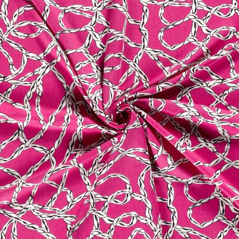 Tissu Viscose Twill Abstrait blanc sur fond Rose fuchsia