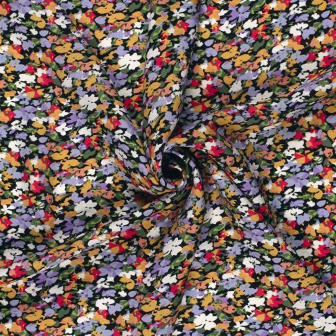 Tissu Crêpe de Viscose fleurs Lia sur fond Noir