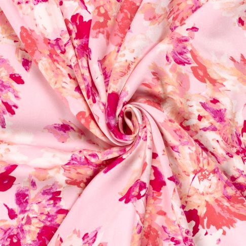 Tissu Viscose satiné Motif floral sur fond Rose