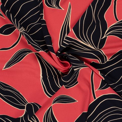 Tissu Viscose satiné Motif floral noir sur fond Rouge