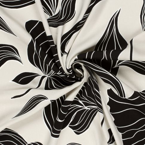 Tissu Viscose satiné Motif floral noir sur fond Ecru