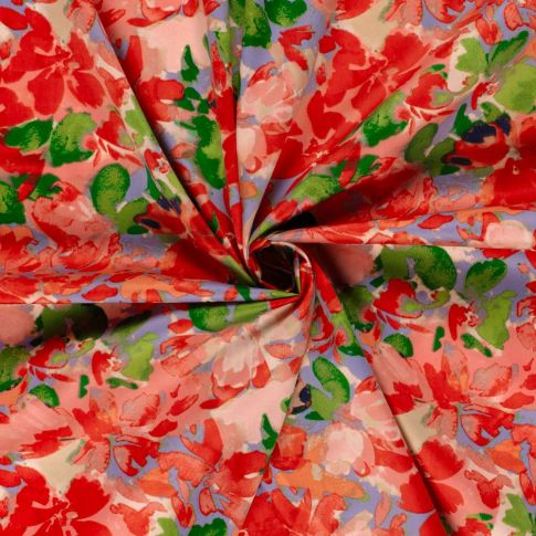 Tissu Coton Satiné Fleuris tacheté sur fond Parme
