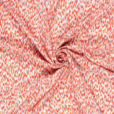 Tissu Popeline de Viscose imprimé motifs abstraits corail sur fond Blanc
