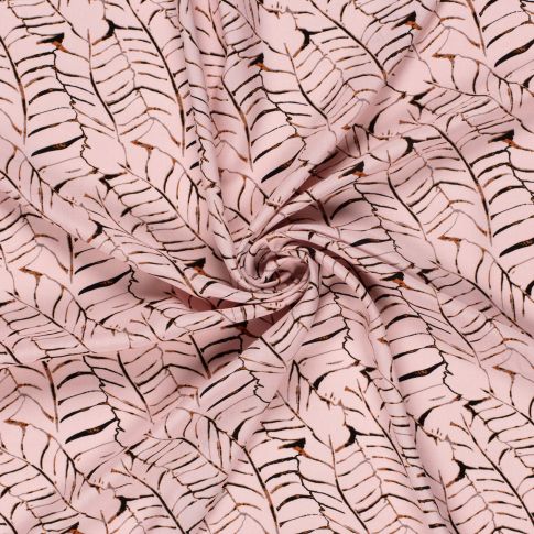 Tissu Popeline de Viscose imprimé Feuilles noires sur fond Rose
