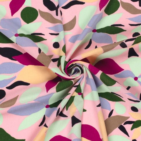 Tissu Crépon de Viscose Floral menthe, pourpre et parme sur fond Rose