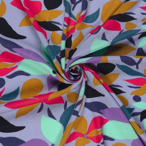 Tissu Crépon de Viscose Floral menthe, rouge et ocre sur fond Parme