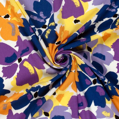Tissu Crépon de Viscose Luca fleuris Violet sur fond Blanc