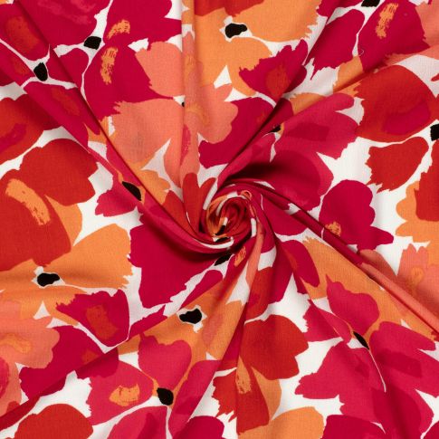Tissu Crépon de Viscose Fleuris rouge et corail sur fond Blanc