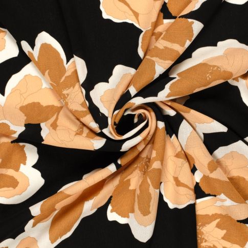 Tissu Crépon de Viscose Grandes fleurs beiges sur fond Noir
