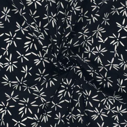 Tissu Coton extensible Pissenlit mode sur fond Bleu marine