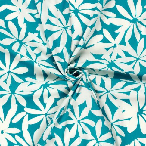 Tissu Coton stretch imprimé Fleurs blanches sur fond Bleu canard
