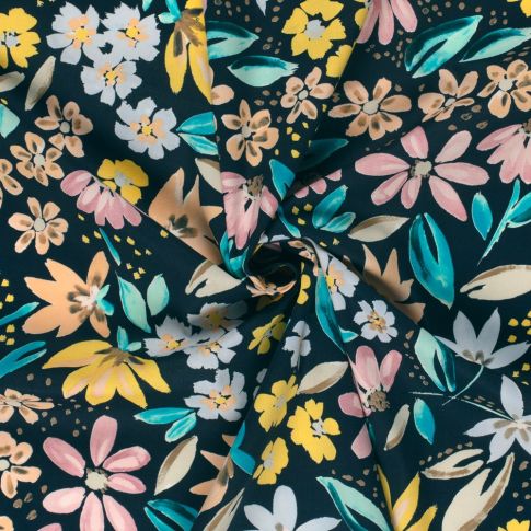 Tissu Coton stretch imprimé Fleurs sur fond Noir