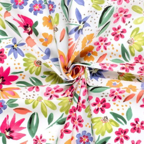 Tissu Coton stretch imprimé Fleurs colorées sur fond Blanc