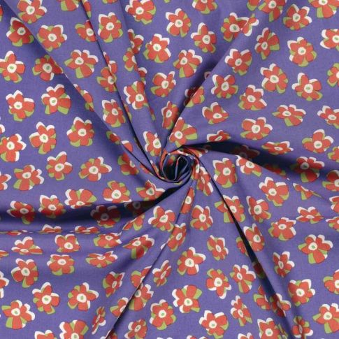 Tissu Coton extensible Fleuréa orange sur fond Violet
