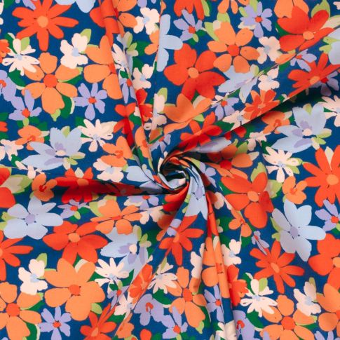 Tissu Coton stretch imprimé Fleurs rouge et parme sur fond Bleu cobalt