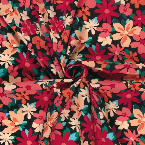 Tissu Coton extensible Fleuris rouge, rose et vert turquoise sur fond Noir