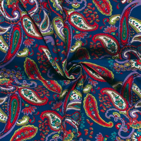 Tissu Coton stretch imprimé Paisley sur fond Bleu cobalt