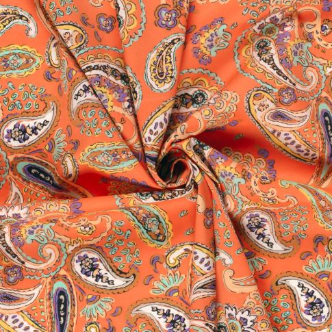 Tissu Coton stretch imprimé Paisley sur fond Corail