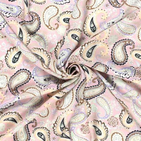 Tissu Popeline de Bambou Paisley pastel sur fond Rose pâle