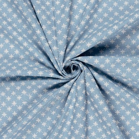 Tissu Chambray Coton Fleurs brodées sur fond Bleu clair