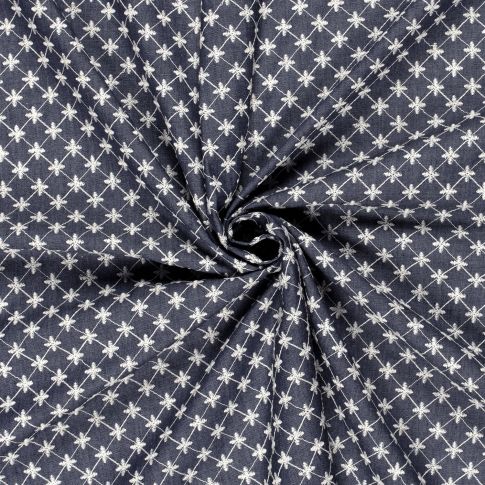 Tissu Chambray Coton Fleurs brodées sur fond Bleu marine