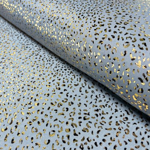 Tissu Chambray Coton léger imprimé léopard doré sur fond Bleu clair