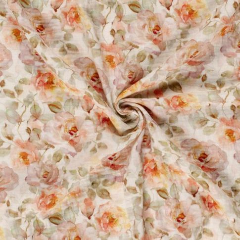 Tissu Double gaze de Coton digital Petalyae sur fond Ecru