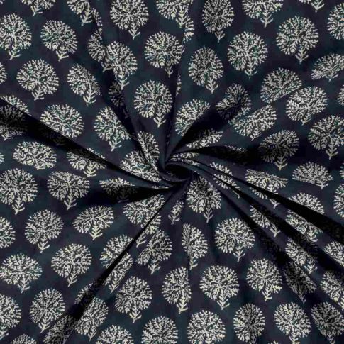 Voile de coton Batik Gujarat Fleuris sur fond Bleu indigo