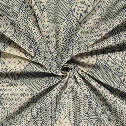 Voile de coton Batik Kalamkari Géométriques sur fond Bleu indigo