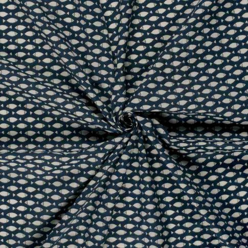 Voile de coton Batik Goldfish Animaux sur fond Bleu indigo