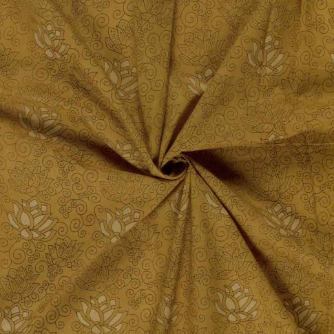 Voile de coton Batik Sindhu Fleuris sur fond Jaune curry