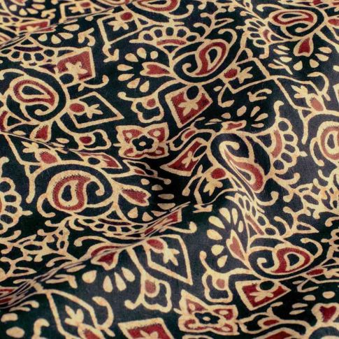 Tissu Voile de Coton Ayesha arabesques Beiges sur fond Noir profond