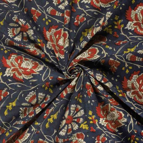 Voile de coton Batik Jaipur Fleuris sur fond Bleu indigo