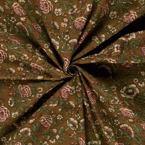 Voile de coton Batik Udaipur Fleuris sur fond Vert olive