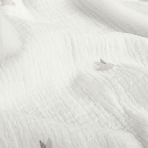 Tissu Double gaze de Coton Petits oiseaux gris sur fond Blanc