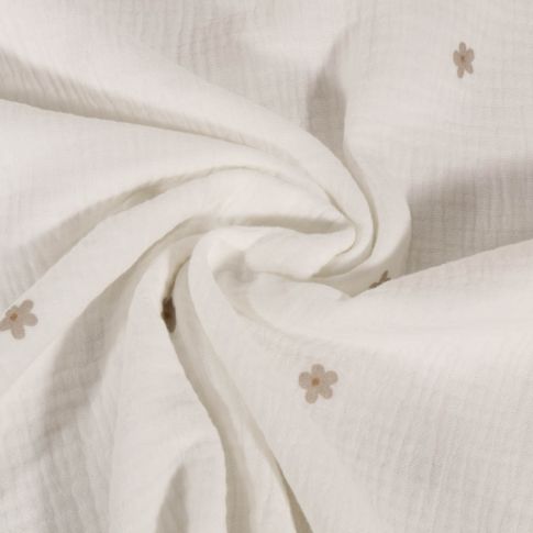 Tissu Double gaze de Coton Petites fleurs beiges sur fond Blanc