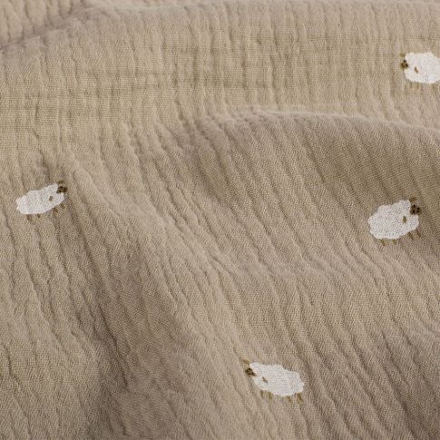 Tissu Double gaze de Coton Petits moutons blancs sur fond Beige