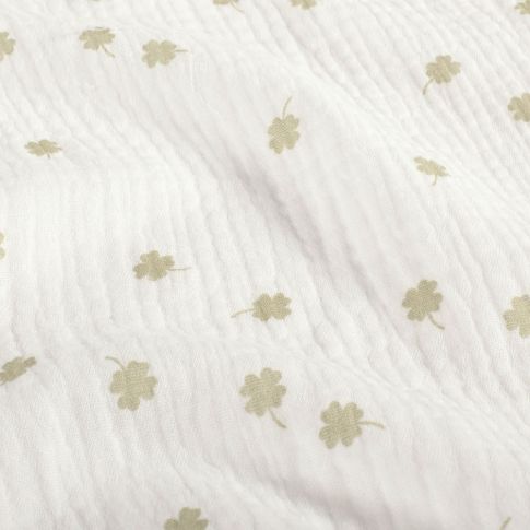 Tissu Double gaze de Coton Trèfles vert amande sur fond Blanc