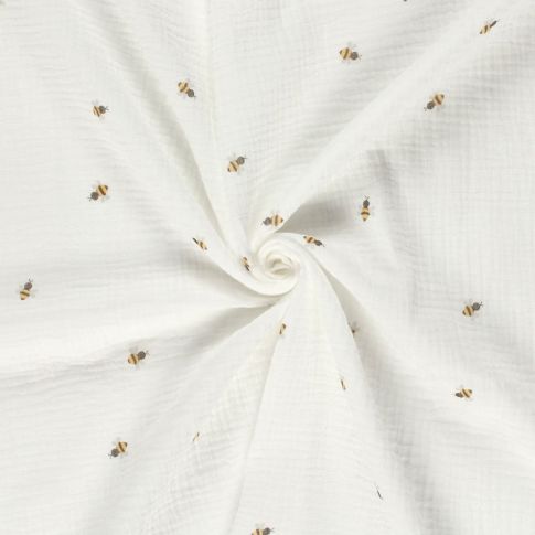 Tissu Double gaze de Coton Abeilles brodées sur fond Ecru