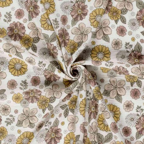 Tissu Double gaze de Coton Fleurs ocre et rose pastel sur fond Ecru