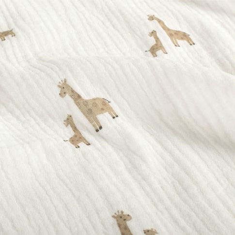 Tissu Double gaze de Coton Girafe beige sur fond Blanc cassé