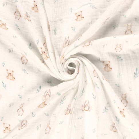Tissu Double gaze  Oursons et lapins peluche sur fond Ecru