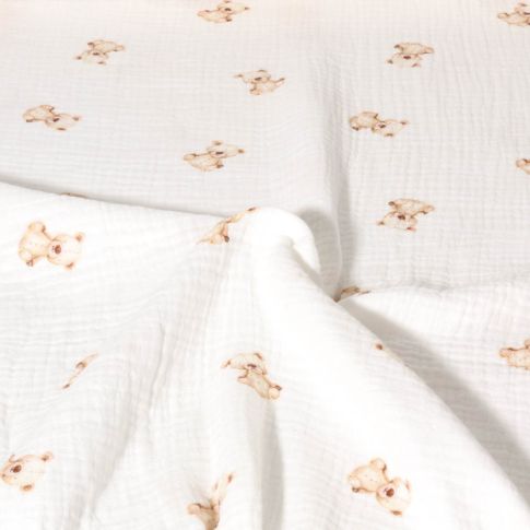 Tissu Double gaze de Coton Digital Petits oursons sur fond Ecru