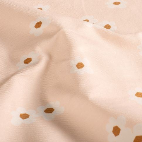 Tissu Jersey Coton Fleurs blanches et ocre sur fond Rose pastel