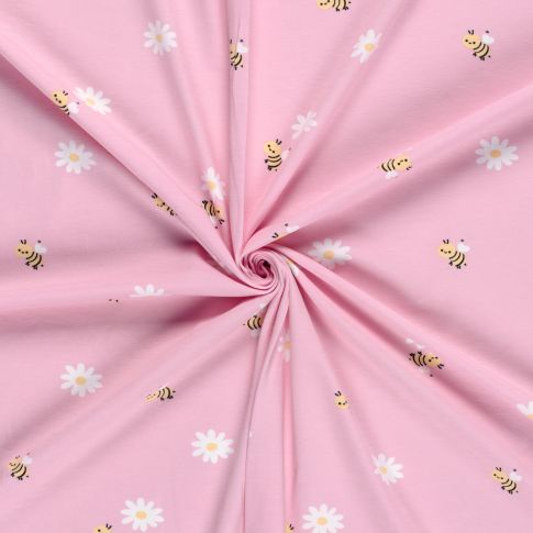 Tissu Jersey Coton Abeilles jaunes et fleurs blanches sur fond Rose