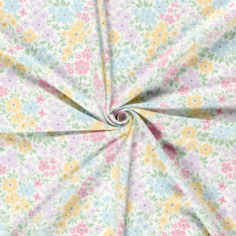 Tissu Jersey Coton Fleuris tons pâles sur fond Blanc